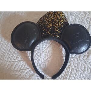Disney Parks Disney World 50th Anniversary black faux leather Minnie Mouse ears.